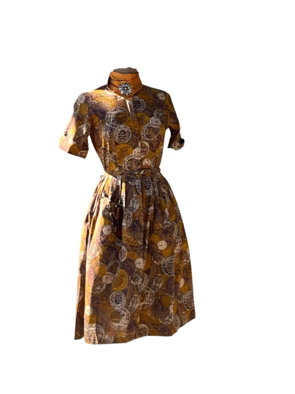 1950S  Upcycled Dress Step-n-Go by Kay Whitney short-sleeve yellow gray brown